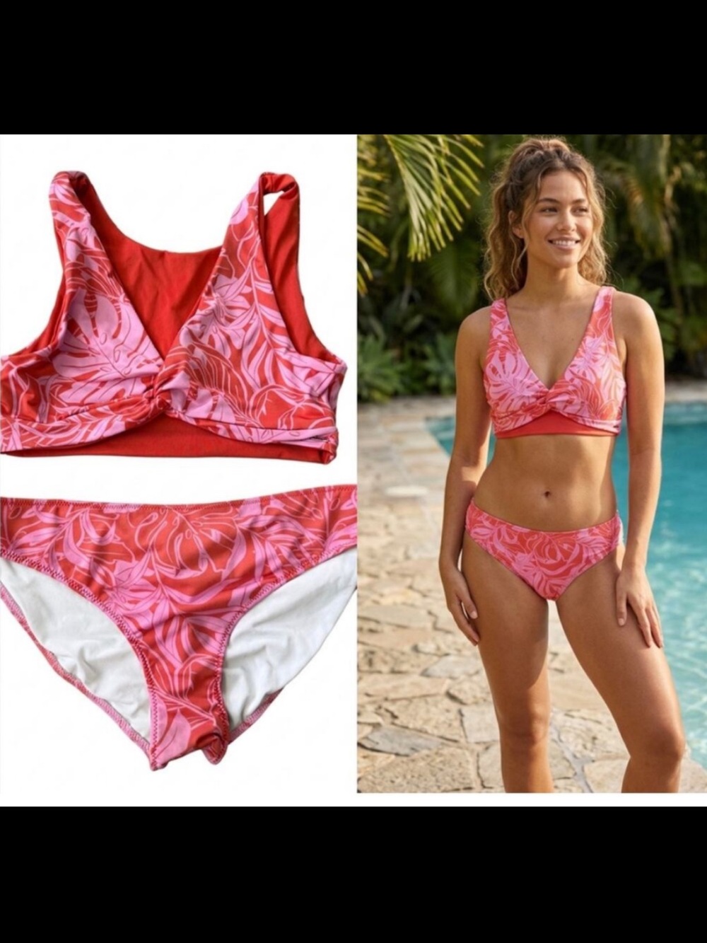 NEW NWT Victoria’s Secret Pink Tropical Monstera Twist Front Bikini Set XL